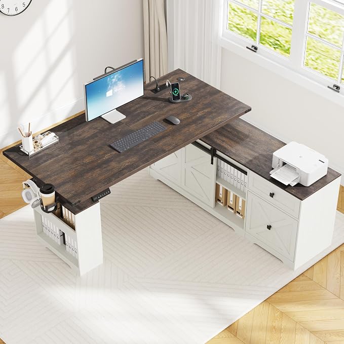 St.Mandyu L Shaped Electric Standing Desk 63" White with Power & Storage | File drawer, sliding door cabinet, cup holder, height adjustable, sturdy wood frame, home office for work/study/writing