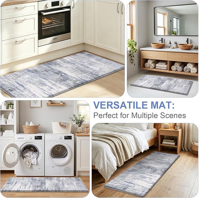 LOKHOM Anti Fatigue Kitchen Mats for Floor, 24x59 Non Slip Modern Cushioned Standing Comfort Kitchen Runner Rug, Waterproof Abstract Memory Foam Padded for Sink Laundry Office, Blue Grey