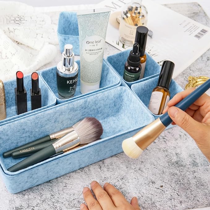 Desk Drawer Organizer Bins, 8pcs Felt Shallow Bathroom Storage Trays, Office Accessories & Workspace Organizers Jewelry & Makeup Boxes Containers(Blue)