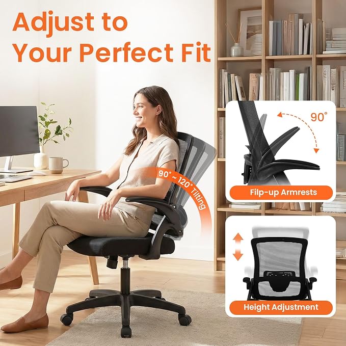 NEO Chair Mesh High Back Chair Home Office Ergonomic Computer Adjustable Height Desk Chair with Lumbar Support Padded Flip-up Armrest Swivel Executive Chair (Mesh Black)