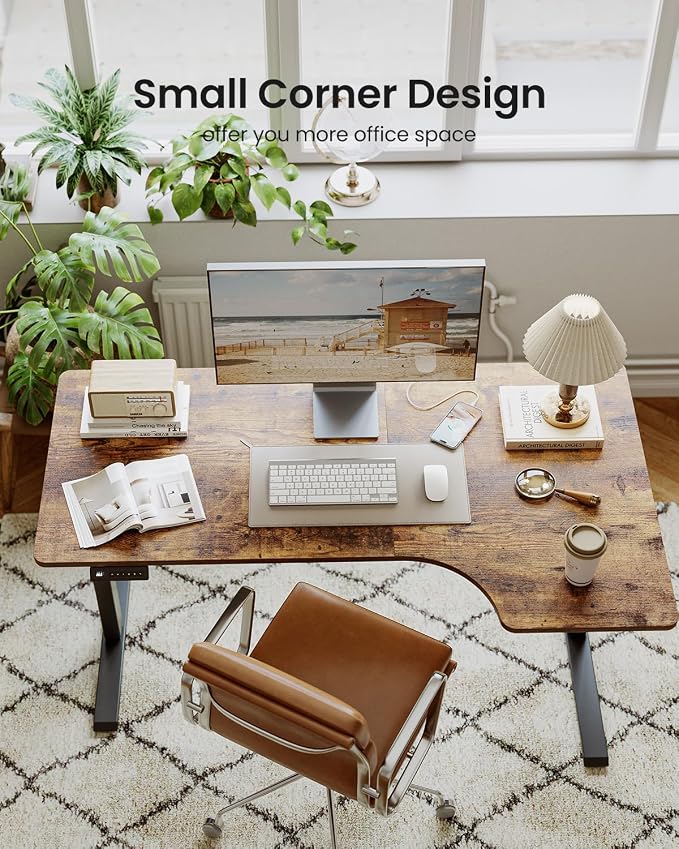 FEZIBO 55×32 inch L Shaped Electric Corner Standing Desk, 4 Memory Height Settings,Home Office & Computer Height Adjustable Table, Ergonomic Sit and Stand Up Workstation with Splice Board,Rustic Brown
