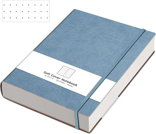 AHGXG Dotted Journal - Large A4 Notebook Dotted, 8.5''×11'', 320 Pages Dot Grid Notebook, 100gsm Thick Paper, Leather Softcover, with Journal Stencils, Inner Pocket, Gray Blue