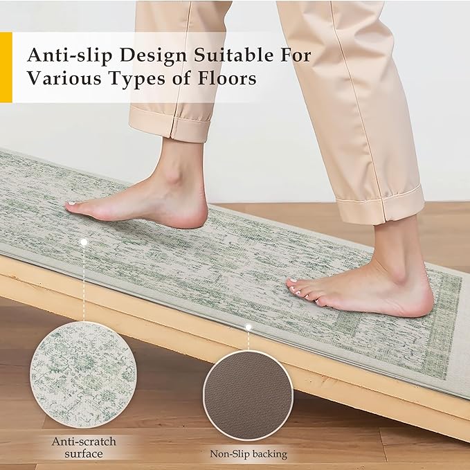Kitchen Mats 2PCS Anti Fatigue Cushioned Mat Light Green Vintage Kitchen Mats for Floor Waterproof Non Slip Comfort Standing Retro Floral Rug for Sink Laundry Office 17.3"x59"+17.3"x30"