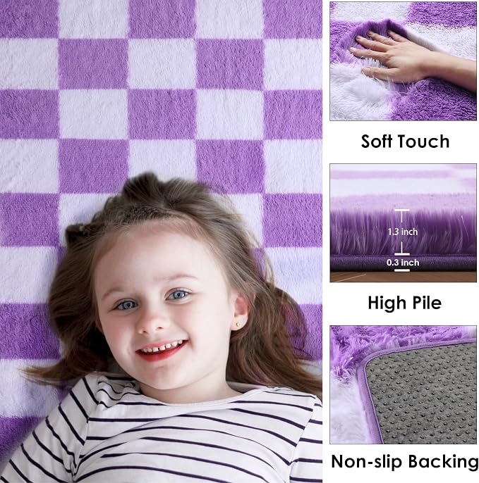 KICMOR Purple Rugs for Living Room Bedroom, Fluffy Soft Checkered 5x8 Area Rug Fuzzy Shag Shaggy Carpet, Indoor Furry Plush Floor Rugs for Kids Girls Boys Baby Teen Dorm Nursery Home Decor Aesthetic