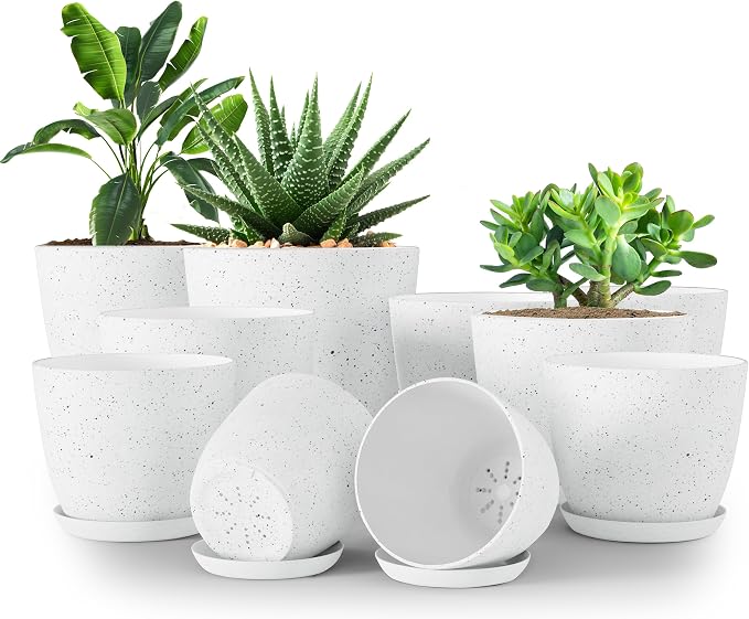 Utopia Home - Spotty Plant Pots Indoor with Drainage - 7/6.6/6/5.3/4.8 Inches Flower Pots - 10 Pack Plastic Planters - Ideal for Stocking Stuffers - (Speckled Grey, Pack of 10)