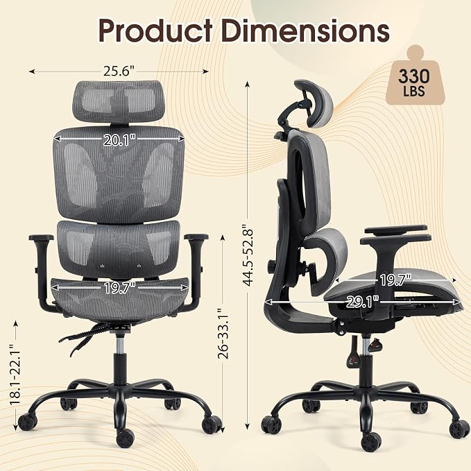 ECOTOUGE Grey Ergonomic High Back Mesh Office Chair | Lumbar Support, Adjustable Headrest, 3D Armrests, Reclining, Home/Office/Gaming, 330LBS