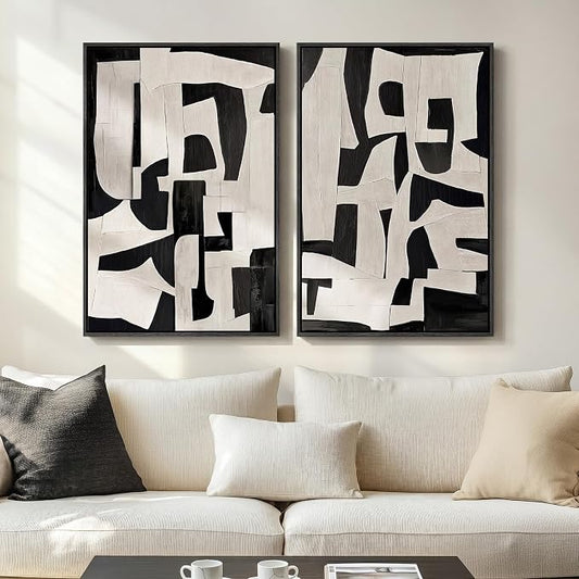 Large Framed Black and White Abstract Wall Art for Living Room, 2 Piece Modern Canvas Prints Paintings Artwork for Walls, Minimalist Black Beige Pictures for Hallway Dining Bedroom Wall Decor 24x36 In