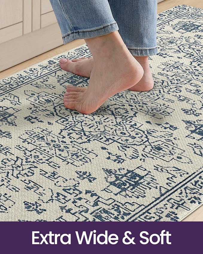 DEXI Kitchen Mats Cushioned Anti Fatigue, 23x59 Floor Padded Runner Rug Non Slip, Waterproof Standing Comfort Memory Foam for Front Sink Laundry, Blue White