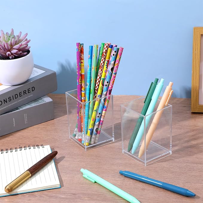 12 Pack Acrylic Pen and Makeup Brush Holder – Clear Desktop Organizer for Office, Home, and Studio Supplies, Stationery Storage Accessory (2.6 x 2.6 x 4 Inch Each)