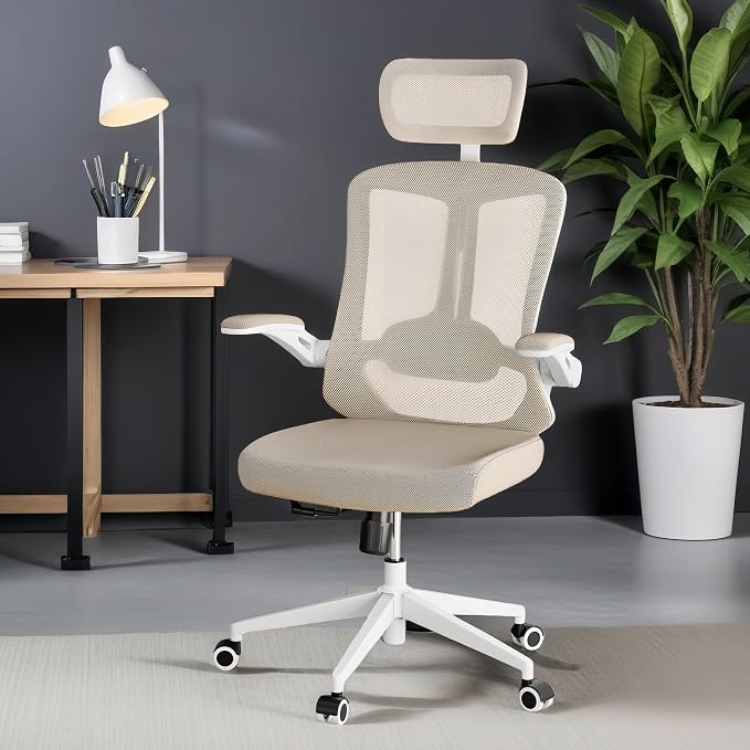Ergonomic Office Chair - 350LB Comfy Desk Chairs with Adjustable Headrest and Lumbar Back Support, Mesh Computer Chairs with Wheels and Arms for Home Office, Study (Khaki-with Headrest)