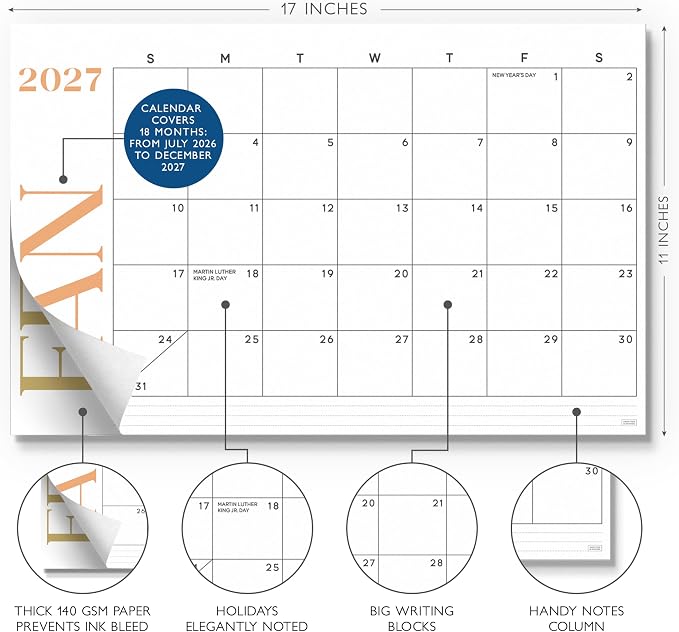S&O Modern Large Desk Calendar from July 2026-December 2027 - Tear-Away Table Calendar 2026-2027 - Desktop Blotter - Academic Desk Planner - Desk Pad Large - 11x17in