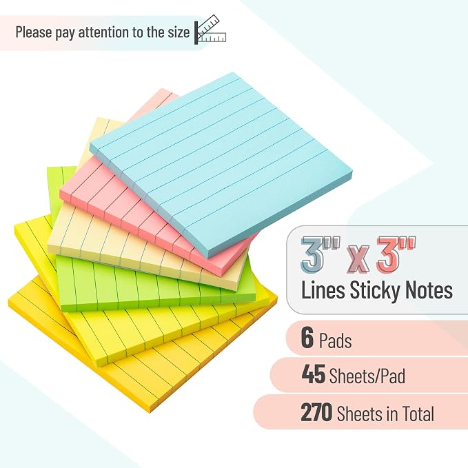 Mr. Pen- Lined Sticky Notes, 3" x 3", 6 Pads, 45 Sheets/Pad, Pastel Color | Sticky Notes with Lines, Ruled Post Stickies, Memo Pads, Self-Stick Note Pad for Office, School, Home, Study & Organization