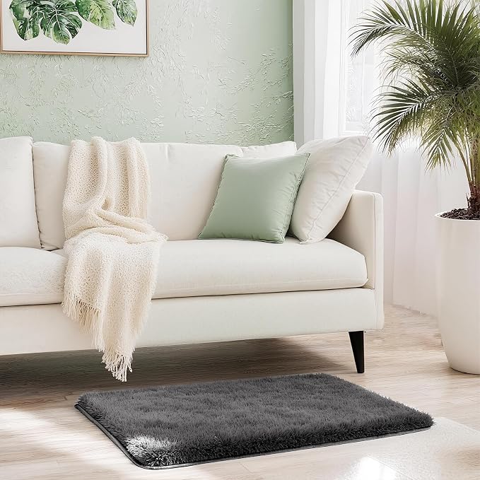 Shag Grey Small Rug 2x3 Area Rugs for Bedroom Dorm Bedside Living Room, Non-Slip Ultra Fluffy Soft Area Rugs for Entry, Kids Room, Study, Office, Playroom, Modern Small Carpet Décor