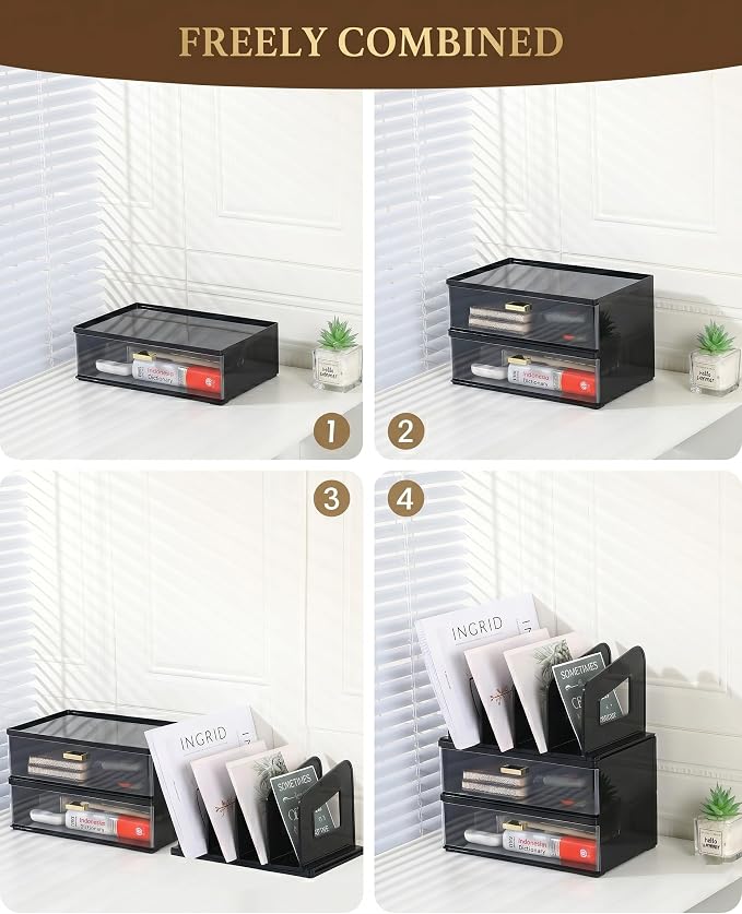 LALOBLUE Acrylic Desk Organizer with Drawer and Vertical File Holder, Desk Organizers and Accessories, Multi-Functional Office Supplies Organizer for Home or Work Desk, Black