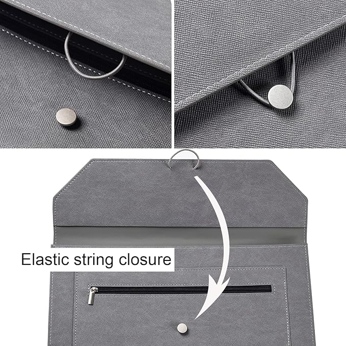 PU Leather A4 File Folder Document Holder 2 Pockets Portfolio Envelope Folder Case with Elastic String 3/4 Inch Expansion (Gray)