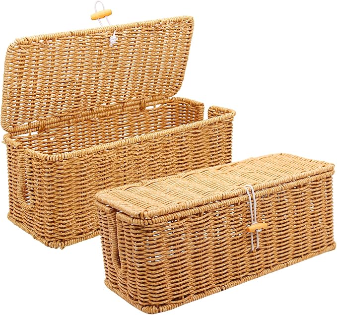 2PCS Cable Management Box, Handmade Rattan Cable Organizer Cord Basket | Open Slots Cords Hider Box Under Desk Cord Organizer for Computer Router USB Hub & Power Strip