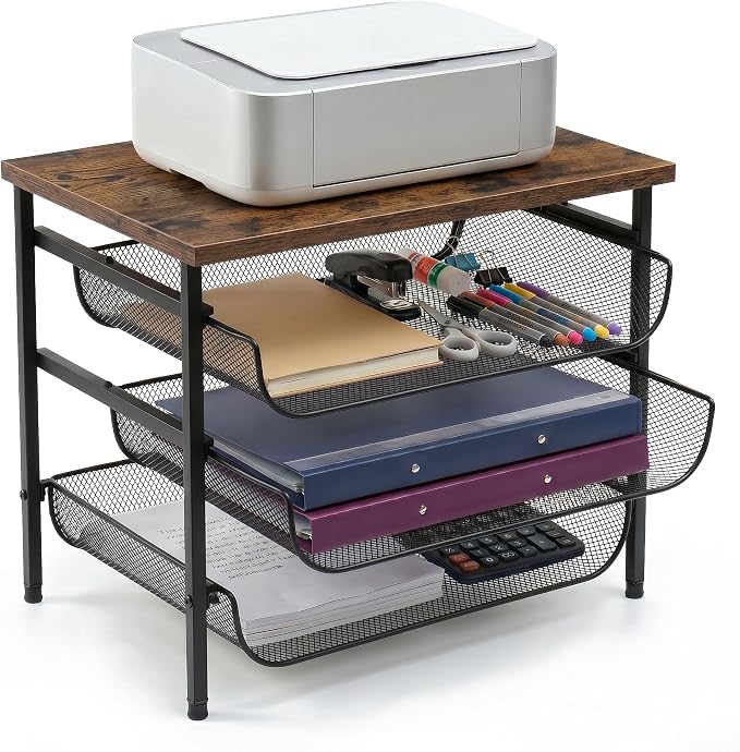 4-Tier Printer Stand for Desk with Storage Drawer Wooden Top Printer Shelf Metal Desktop Organizer Paper Organizer Printer Table for Home Office Accessories Black
