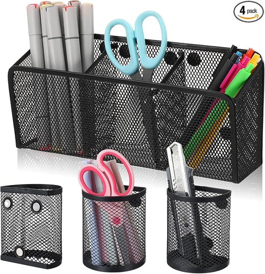 4 Pack Magnetic Pencil Holder for Whiteboard - Multi-Compartment Magnet Pen Holder Storage Basket Organizer for Locker, Refrigerator, Classroom & Office Supplies (Black)