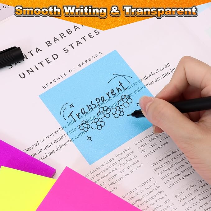 Transparent Sticky Notes 600 Sheets, Frosted Glitter Gummy 3x3 Inch, High Glass-Like Clear See Through Post Self-Adhesive Notes for Women Office School Teacher Planer Bible Supplies 12 Pads