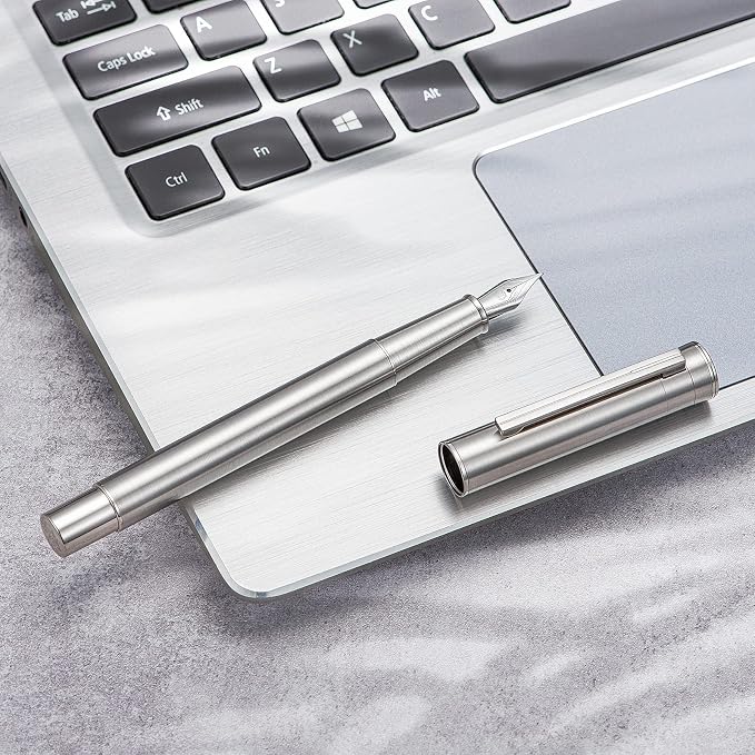 Hongdian 1861 Stainless Steel Fountain Pen Fine Nib, Classic Design Smooth Writing Pen with Converter and Metal Pen Case Set