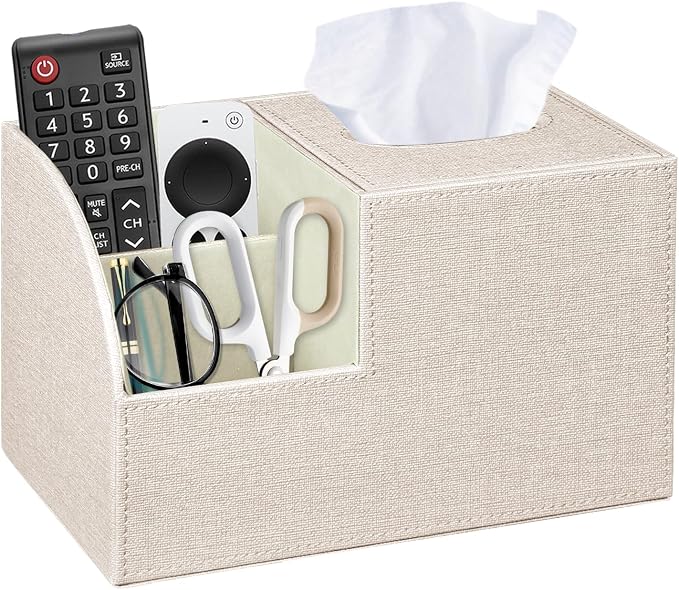 Square Tissue Box Cover with Storage, PU Leather Facial Cube Tissue Holder | TV Remote Control Holder, Desk Accessories Nightstand Organizer, Modern Table Caddy for Bathroom, Bedroom, Home, Office Decor