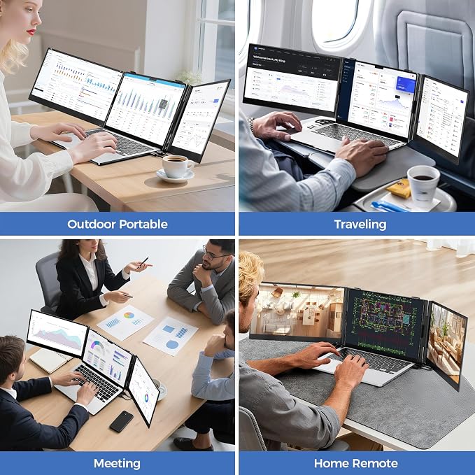 Laptop Screen Extender, 14" Ultra Thin Lightweight(2.2lb) FHD 1080P Triple Portable Monitor for Laptops 13-17.3", Plug-Play Aluminum Dual Monitor Extended for Mac/Windows, Business/Travel/Home/Office