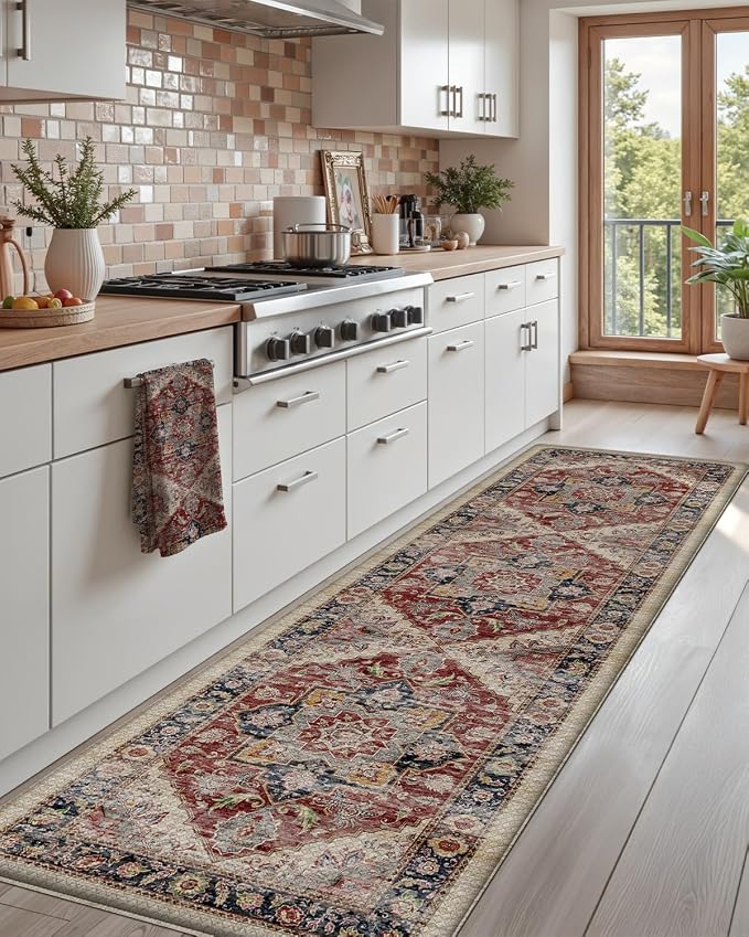 DEXI Kitchen Floor Mats Anti Fatigue, 23x86 Large Cushioned Vintage Runner Rug Waterproof, Standing Comfort Memory Foam Padded for Front Sink Laundry Office, Beige and Red