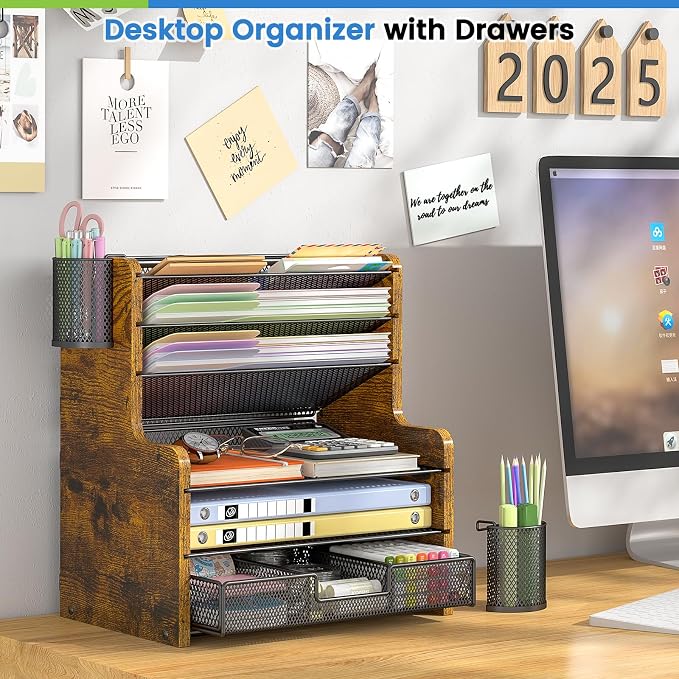DAOUTIME 6-Tier Mesh Desk Organizer with Drawer, Wooden Office Organizer for Papers, Folders & Office Supplies - Sturdy Desktop File Holder with 2 Pen Holders - Space Saving Home Office Accessories