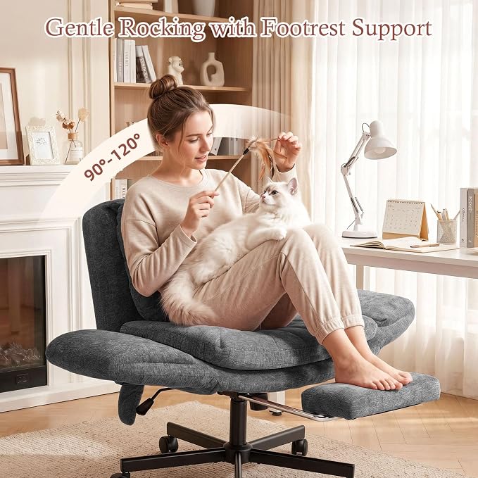 Criss Cross Office Chair with Footrest and 5-Gear Adjustable Arms, Grey | Wide seat cross-legged desk chair, flip lumbar pillow, airbag support, chenille fabric, for home office vanity and meditation