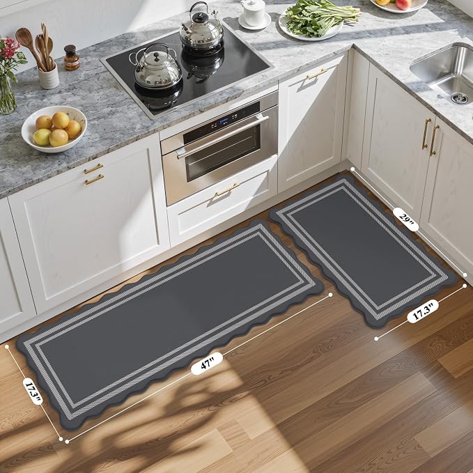 KIMODE Kitchen Mats Cushioned Anti Fatigue,Farmhouse Kitchen Rugs Sets of 2 | Dark Grey Scalloped Rugs, Kitchen Floor Mat Non Slip, Comfort Standing Mat for Laundry Office Sink Dorm Desk 17"x47"+17"x29"