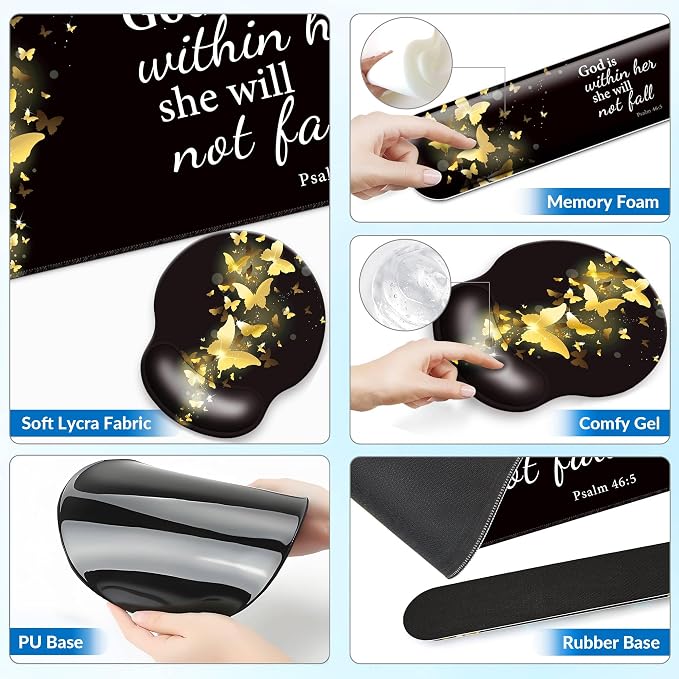 Desk Mat Set + Keyboard and Mouse Pad with Wrist Rest Support,4-in-1 Large Mousepad Computer Mats for Desktop Home & Office-Golden Butterflies