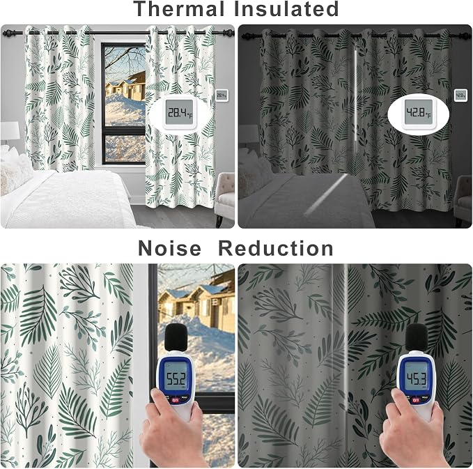 Blackout Curtains for Bedroom and Living Room, Green Leaves Grommet Thermal Insulated Bedroom Curtains Room Darkening Drapes 84 Inch Length 2 Panels Set, Reduce Outside Noise, Maintain Privacy