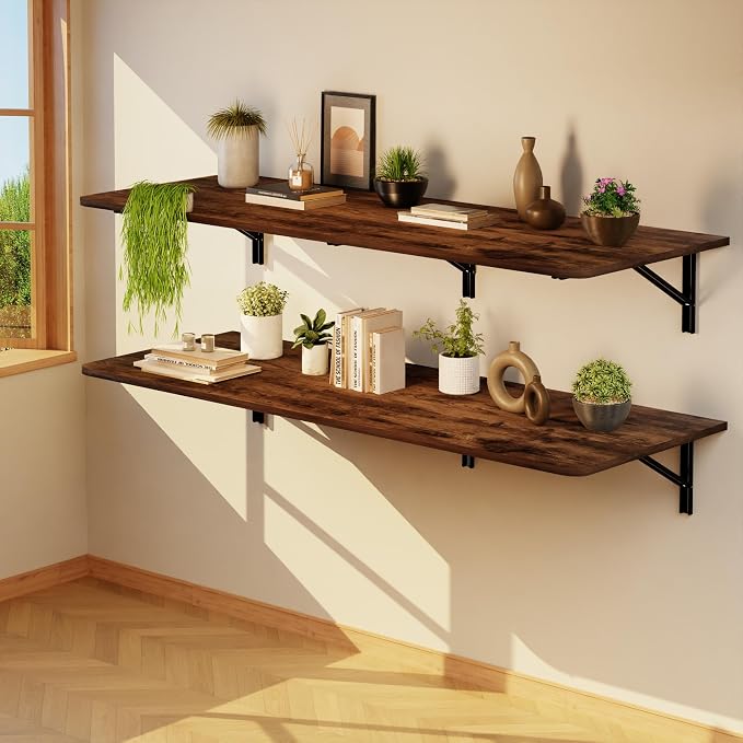 IAE Wall Mounted Floating Foldable Desk, 60" x 22" Folding Computer Workstation Table with Engineered Wood and Metal Shelf Brackets,Fold&Floating Design for Home Office, Apartment,Laundry Room,Rustic