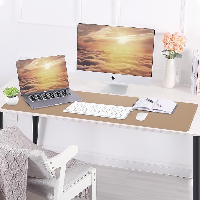 AFIING Cork Desk Mat, Dark Apricot, 35.4" x 17", Desk Pad Protector | Dual-Sided Cork & PU Leather, Waterproof, Non-Slip for Mouse, Writing, Office, Home