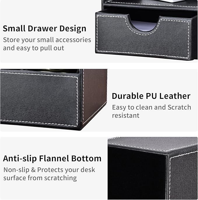 Pu Leather Desk Organizer Pen Pencil Holder Office Supplies Caddy Storage Box 6 Compartments with Drawer Black