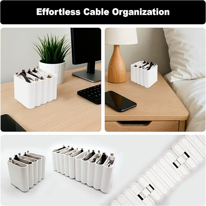 Cable Management Organizer Cord Management, Multiple Slots for Home, Office, Desk, Workshop, Durable Plastic Connectable Cable Organizer, Tangle-Free, Expandable Storage, White