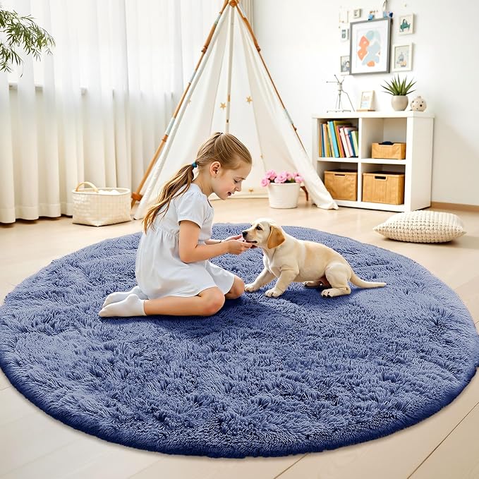 OLANLY Denim Blue Round Rugs for Bedroom - Machine Washable, 5 ft Circle Area Rugs for Living Room, Soft and Fluffy Shaggy Carpet for Teen Girl and Boys, Nursery Rooms, Dorms, Home Decor Aesthetic