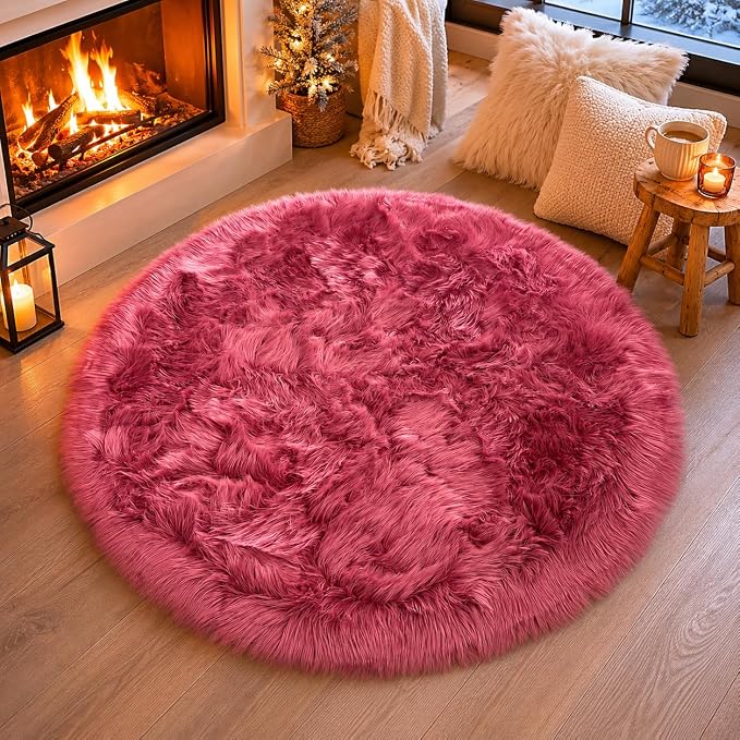 EasyJoy Faux Sheepskin Rug, Fluffy Faux Fur Rug, Ultra Soft Shag Area Rug with Non-Slip Backing for Bedroom, Living Room, Nursery, Kids Room(4 x 4 ft Round, BlushPink)