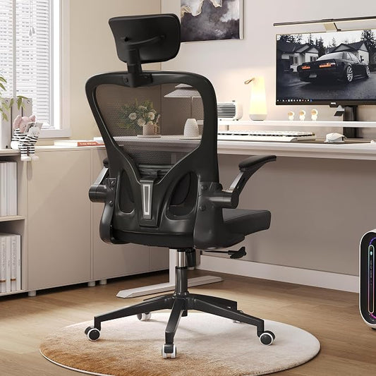 Monhey Office Chair Ergonomic Desk Chair with Lumbar Support&Headrest&Flip-up Arms Height Adjustable Rocking Swivel High Computer Chair Multi-Angle from 90° to 125° with 350LBS Capacity (03All Black)