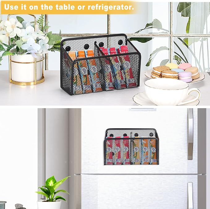 ELLDOO Magnetic Water Drink Packet Holder, 2 Compartments Magnetic Metal Mesh Tea Bag Organizer Sugar Packet Basket, Kitchen Organizers and Storage for Refrigerator and Countertop