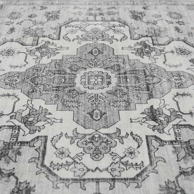 Living Room 9x12 Area Rugs - Large Boho Rugs for Bedroom Stain Resistant Carpet Vintage Tribal Rugs for Kitchen Bathroom with Non Slip Backing Home Decor Floor Decoration Mat 9x12 Grey/White