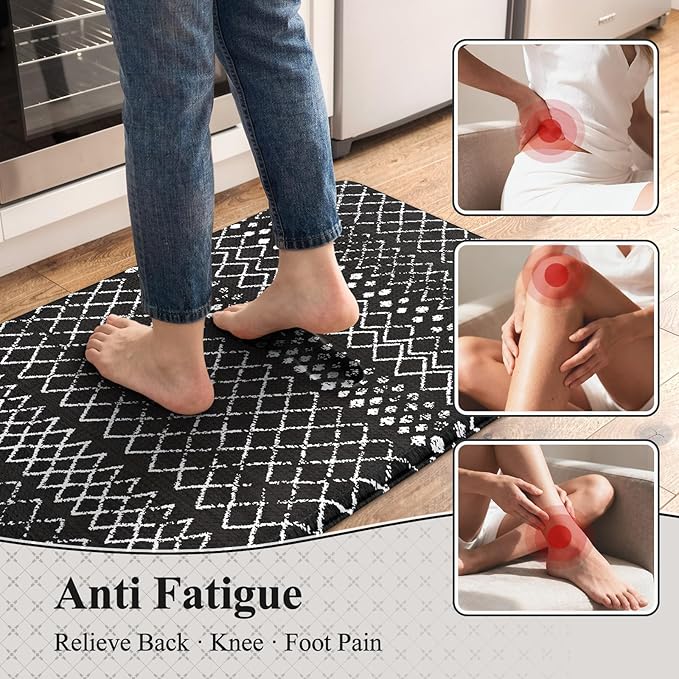 KIMODE Anti Fatigue Kitchen Mats for Floor 2 Piece, Cushioned Farmhouse Kitchen Rugs, Memory Foam Kitchen Floor Mats, Standing Desk Mats for Laundry Office Sink Black 20"x47"+20"x32"