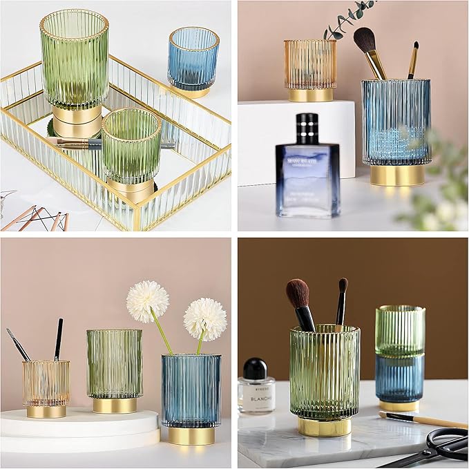 DASITON Makeup Brush holder Organizer,Crystal Cosmetic Makeup Brush Glass Brushes Storage Holder, Vintage Make Up Brush Cup Pen Pencil Holder striped vase(Blue S+L)