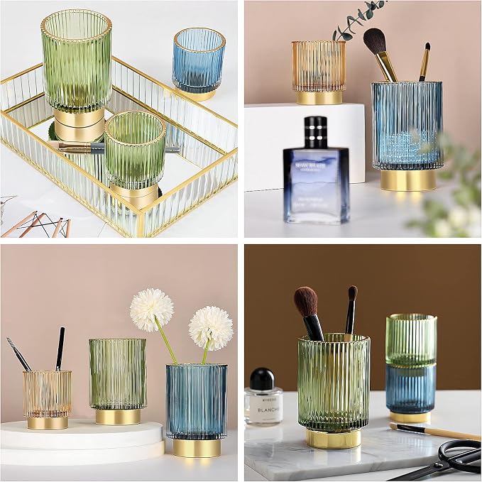 DASITON Makeup Brush holder Organizer, Crystal Cosmetic Makeup Brush Glass Brushes Storage Holder, Vintage Make Up Brush Cup Pen Pencil Holder striped vase(Green S+L)
