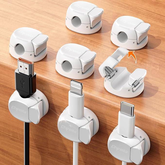 8Pack Cord Organizer [Dual Spring & Clasp] [Max Stability] Cable Clips, Chfeila Cord Holder, Desk Cable Management, Adhesive Wire Organizer for Home Office Desktop Nightstand Car Table Wall - White