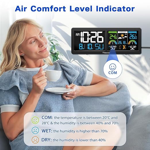 Geevon Weather Stations Wireless Indoor Outdoor Thermometer with Alarm Clock, HD Color Display Digital Temperature Humidity Monitor with Barometer, Comfort Indicator, and Adjustable Backlight