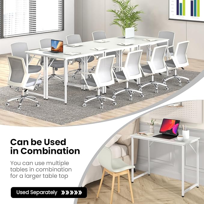 Tangkula Computer Laptop Desk, Heavy Duty Metal Frame Writing Desk, Home PC Office Desk with Adjustable Foot Pads, Conference Tables for Combined Use, Compact Task Desk for Bedroom, Study (White)