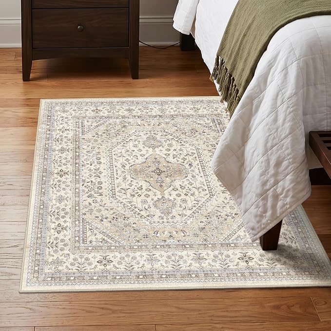 Washable 3x3 Square Entry Rug - Non Slip Throw Rug with Rubber Backing for Living Room Soft Vintage Indoor Carpet for Bedroom Low Pile Stain Resistant Floor Mat for Bathroom Home Decor Beige/Gray