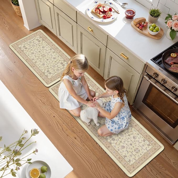 KIMODE Cushioned Kitchen Mats for Floor,Anti Fatigue Kitchen Rug Sets of 2 | Beige,Padded Kitchen Mats,Memory Foam Kitchen Mat Waterproof, Vintage Kitchen Rugs Non Slip for Laundry Office Home Decor