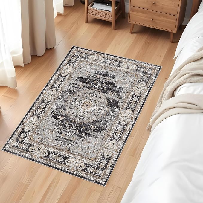Puino Washable Entryway 2x3 Rug: Small Boho Rugs for Indoor Entrance Non Slip Backing Stain Resistant Carpet Low Pile Throw Rugs for Bedroom Bedside Inside Front Door Floor Kitchen Decor(Black,2x3FT)